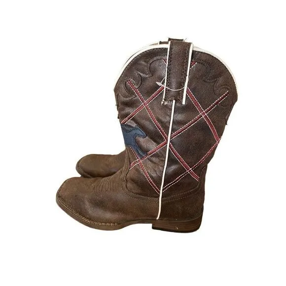 YeeHaw Roper Kids Cowboy Boots NWOT Brown Blue Bucking Horse Red CC Youth 3