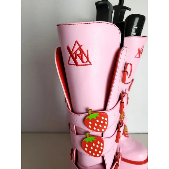 YRU Platform Boots Womens 10M Pink Dune Strawberry Mid-Calf Goth Kawaii Zip Rare