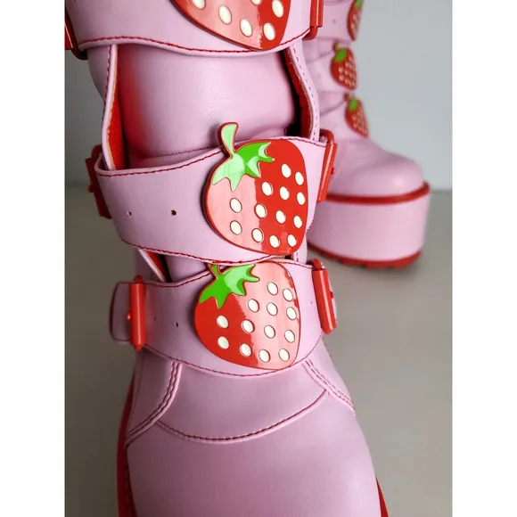 YRU Platform Boots Womens 10M Pink Dune Strawberry Mid-Calf Goth Kawaii Zip Rare