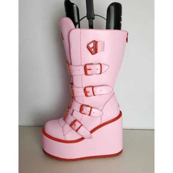 YRU Platform Boots Womens 10M Pink Dune Strawberry Mid-Calf Goth Kawaii Zip Rare