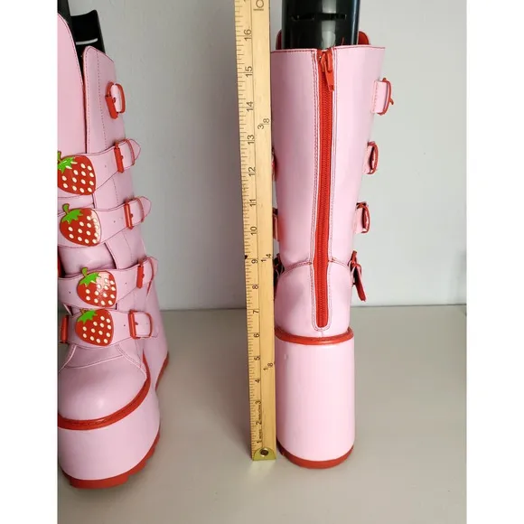 YRU Platform Boots Womens 10M Pink Dune Strawberry Mid-Calf Goth Kawaii Zip Rare
