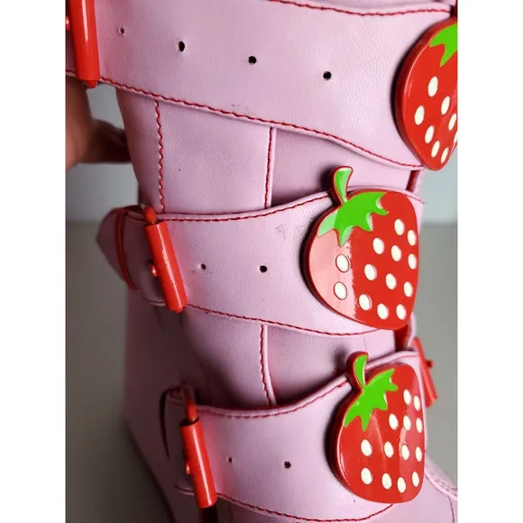 YRU Platform Boots Womens 10M Pink Dune Strawberry Mid-Calf Goth Kawaii Zip Rare