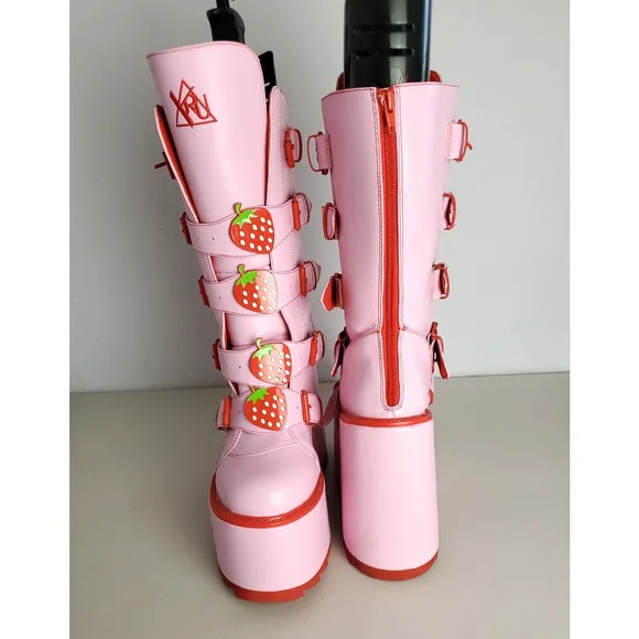 YRU Platform Boots Womens 10M Pink Dune Strawberry Mid-Calf Goth Kawaii Zip Rare