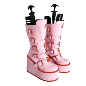 YRU Platform Boots Womens 10M Pink Dune Strawberry Mid-Calf Goth Kawaii Zip Rare