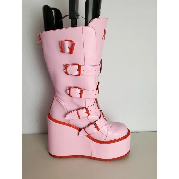 YRU Platform Boots Womens 10M Pink Dune Strawberry Mid-Calf Goth Kawaii Zip Rare