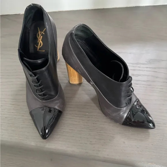 YSL YVES SAINT LAURENT Y2K Leather Lace Up Shoes with Wooden Heel 38