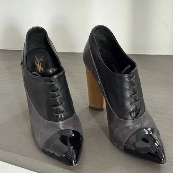 YSL YVES SAINT LAURENT Y2K Leather Lace Up Shoes with Wooden Heel 38