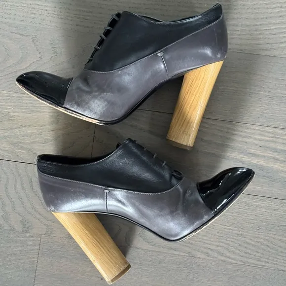 YSL YVES SAINT LAURENT Y2K Leather Lace Up Shoes with Wooden Heel 38