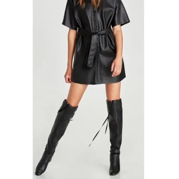 Zara Leather Slouchy High Heeled Boots Drawstring