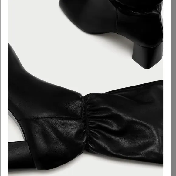 Zara Leather Slouchy High Heeled Boots Drawstring