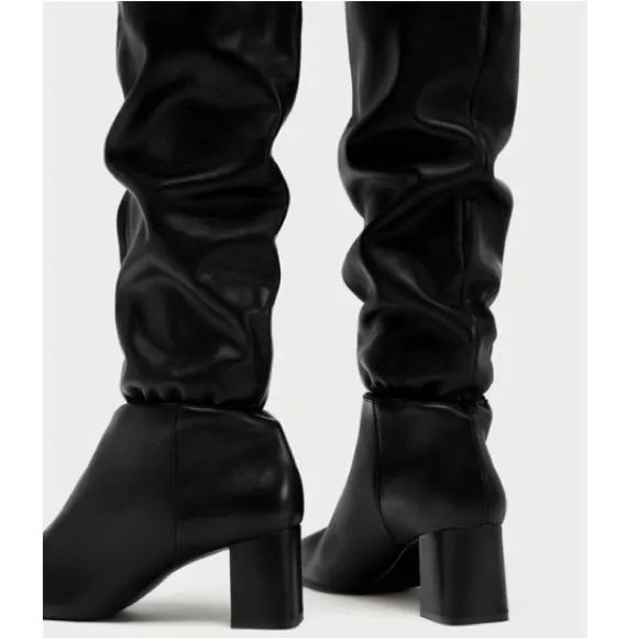 Zara Leather Slouchy High Heeled Boots Drawstring