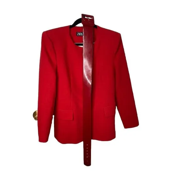 ZARA NEW WOMAN LONG BELTED BLAZER DRESS GOLD BUTTONS RED W/ VINTAGE BELT MEDIUM