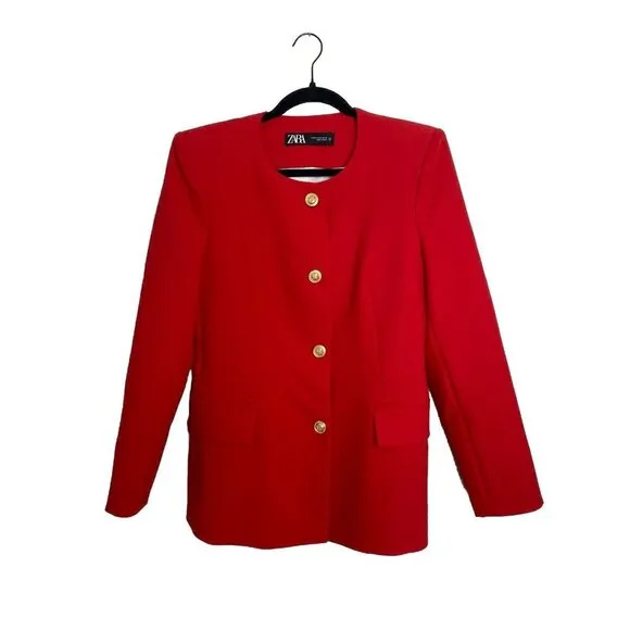 ZARA NEW WOMAN LONG BELTED BLAZER DRESS GOLD BUTTONS RED W/ VINTAGE BELT MEDIUM