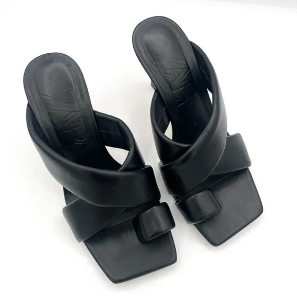 Zara padded leather mule cross strap blogger fav sandal black Sz 38 / 7.5