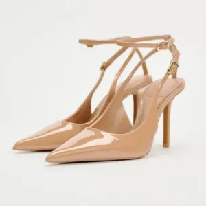 ZARA PATENT EFFECT HEELED SLINGBACKS.
