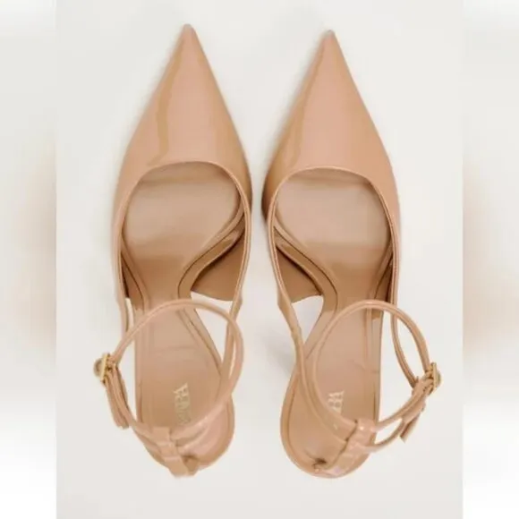 ZARA PATENT EFFECT HEELED SLINGBACKS.