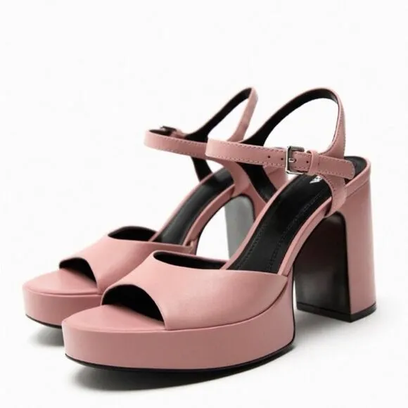 Zara Pink Chunky Leather Platforms High Heels Sandals Shoes Size 8