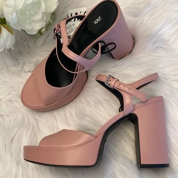 Zara Pink Chunky Leather Platforms High Heels Sandals Shoes Size 8