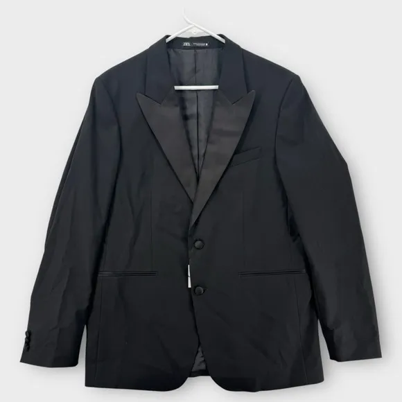 Zara Tuxedo Blazer Mens 42 Black Satin Peak Lapel Slim Fit Dress Jacket NWT