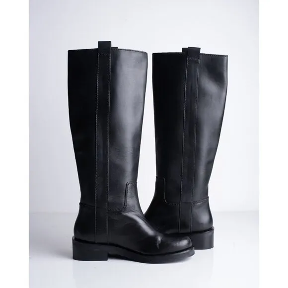 Zara Womens Leather Riding Boots Black US 7.5 EU 38 knee high 1007/010 NWd