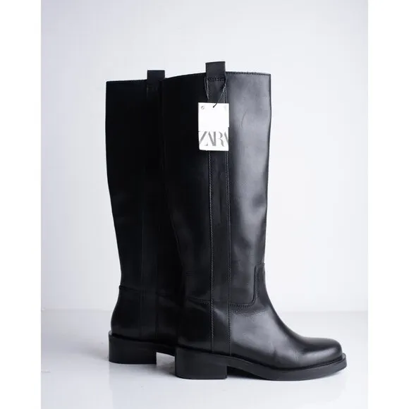 Zara Womens Leather Riding Boots Black US 7.5 EU 38 knee high 1007/010 NWd