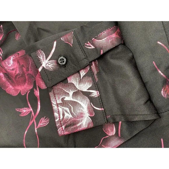 ZEROYAA Mens Hipster Rose Floral Printed Slim Fit Long Sleeve Button Dress Shirt