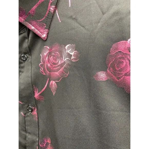 ZEROYAA Mens Hipster Rose Floral Printed Slim Fit Long Sleeve Button Dress Shirt