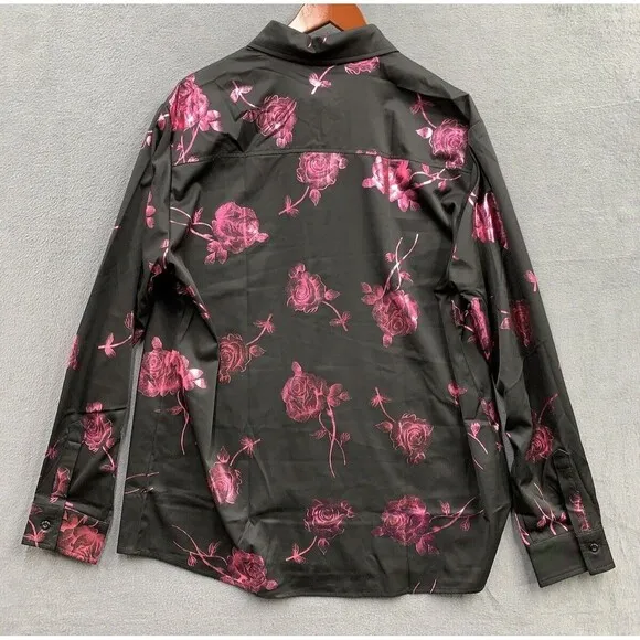 ZEROYAA Mens Hipster Rose Floral Printed Slim Fit Long Sleeve Button Dress Shirt