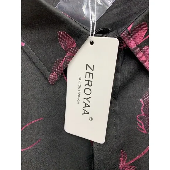 ZEROYAA Mens Hipster Rose Floral Printed Slim Fit Long Sleeve Button Dress Shirt
