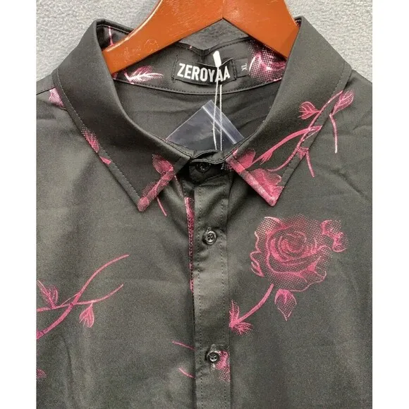 ZEROYAA Mens Hipster Rose Floral Printed Slim Fit Long Sleeve Button Dress Shirt