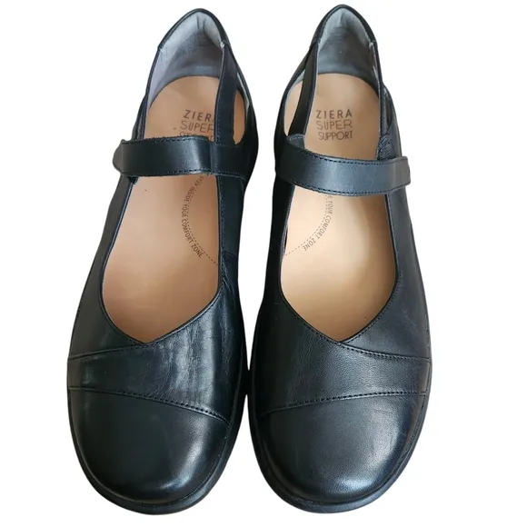 ZIERA Sofia Black Leather Hook &amp; Loop Mary Jane Orthotic  Comfort Shoes EU 41